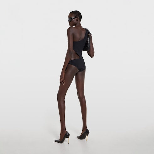 Stretch jersey swimsuit with embroidery - black