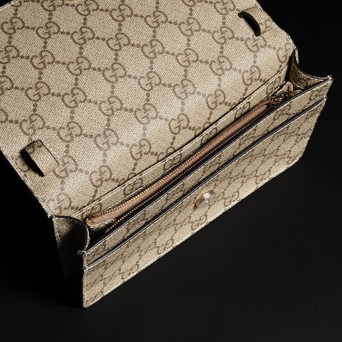 GG Emblem wallet on chain - brown leather