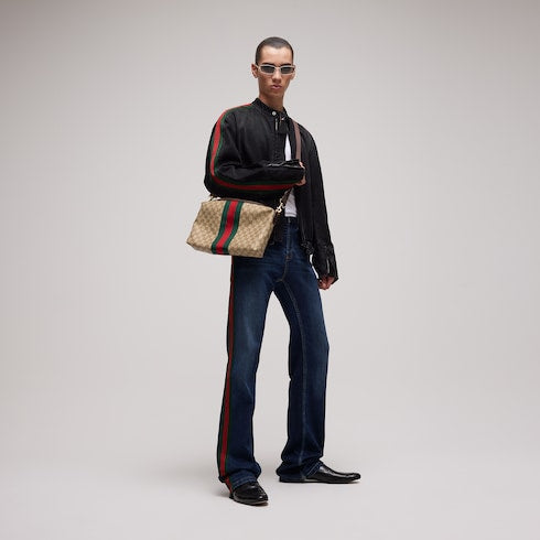 Medium GG crossbody bag with Web - sand and brown GG canvas
