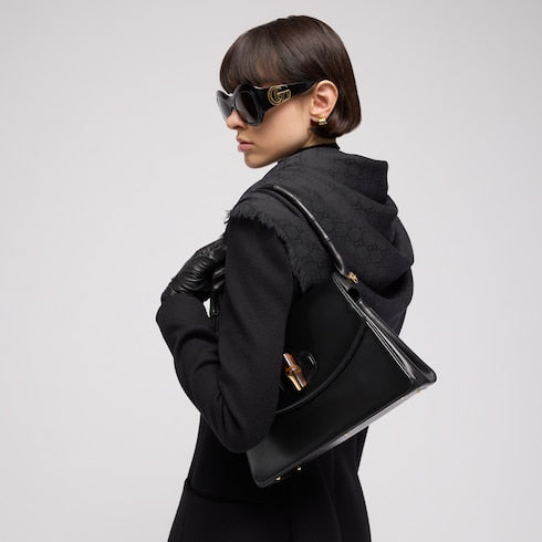 GG wool silk jacquard cape - black