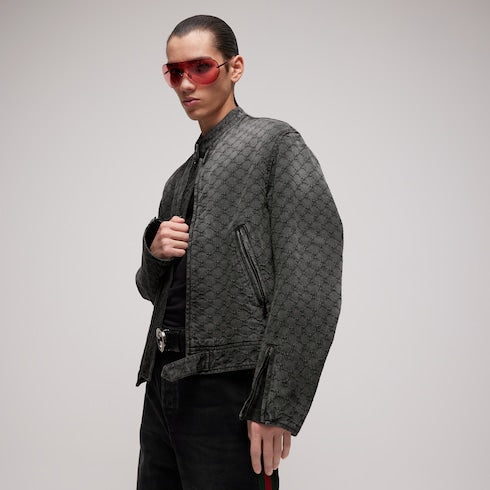 GG cotton denim jacquard zip jacket - dark grey