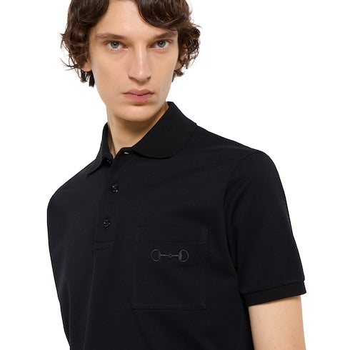 Cotton piquet polo shirt with embroidery - black