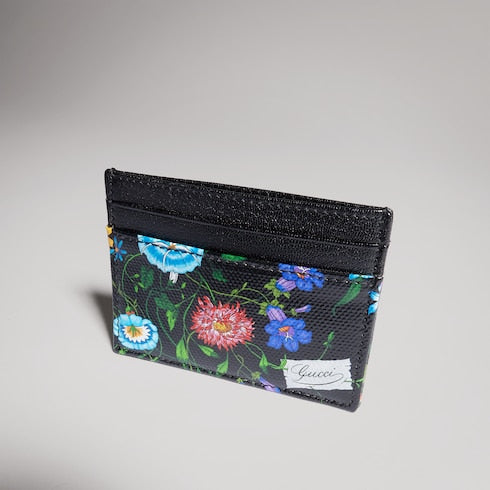 Flora-motif card case - black and multicolor canvas