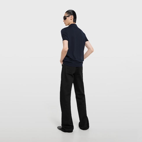 Knit wool polo shirt with embroidery - dark blue