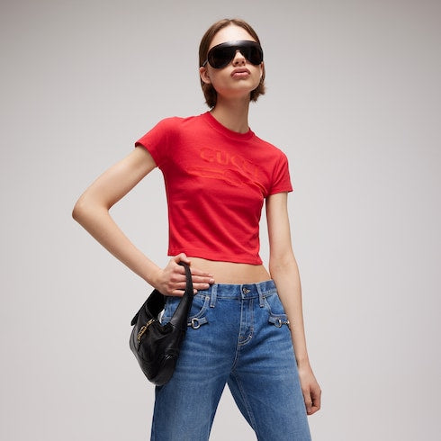 Cotton jersey T-shirt with devoré detail - red