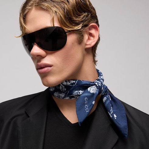 Cotton silk jacquard pocket square - blue and white