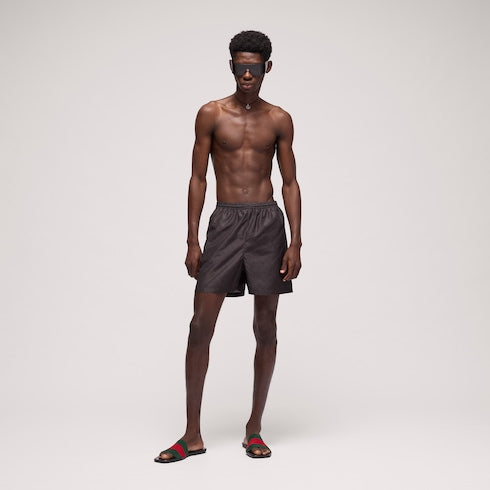 Printed polyester poplin swim shorts - dark brown