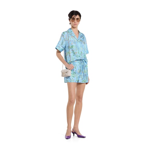 Printed silk twill shorts - blue