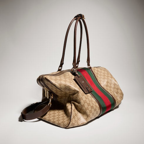 Medium GG duffle bag with Web - sand and brown GG canvas