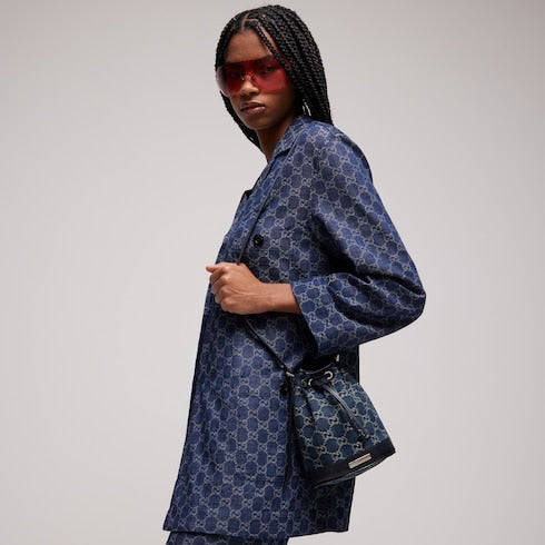 Mini bucket bag with Gucci plaque - dark blue GG denim