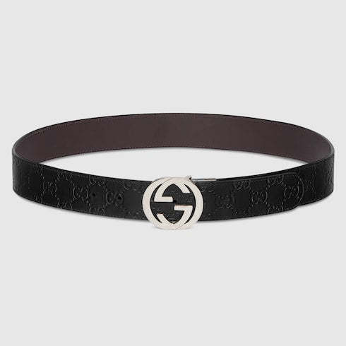 Black Gucci Signature / Brown Leather Reversible Belt - Black Gucci Signature / Brown Leather