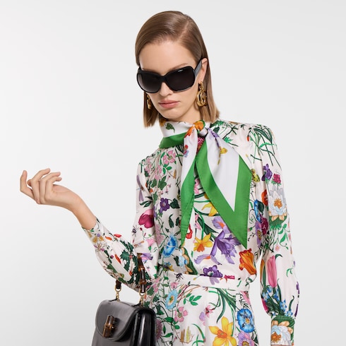 Printed silk twill diamond scarf - multicolor