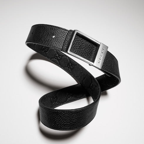Reversible belt with rectangular buckle - black GG leather and leather