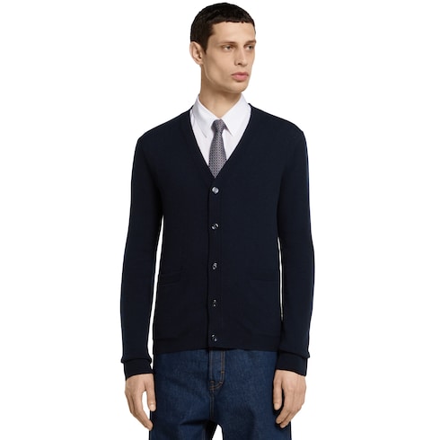Fine cashmere cardigan with intarsia - navy