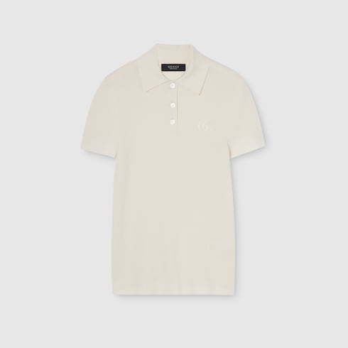 Cashmere silk polo shirt with embroidery - white
