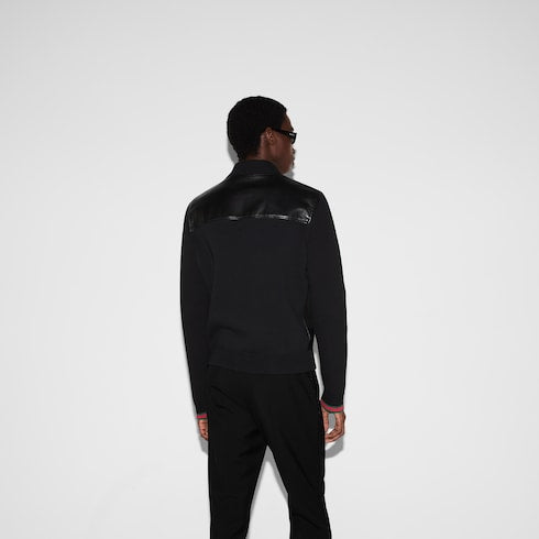 Nappa leather and knit bomber jacket - black