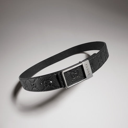 Reversible belt with rectangular buckle - black GG leather and leather