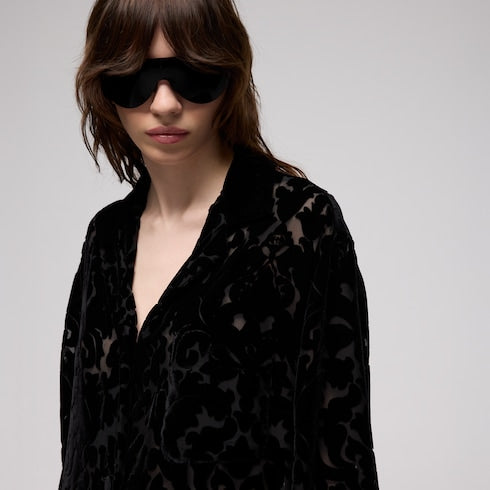 Floral devoré velour shirt - black