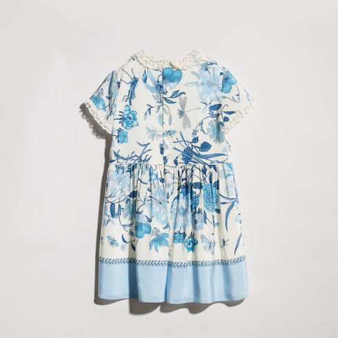 Children's printed crêpe de chine dress - white and light blue
