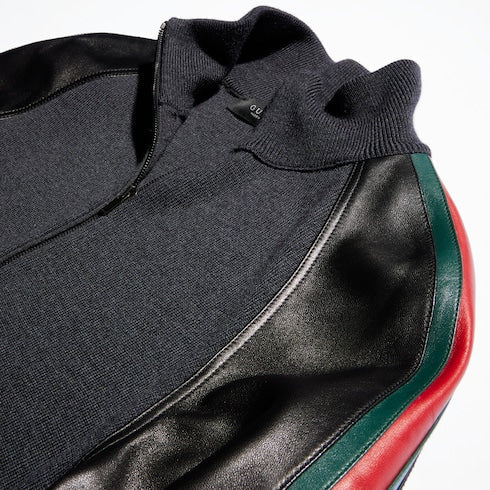 Fine rib wool zip jacket with Web - black