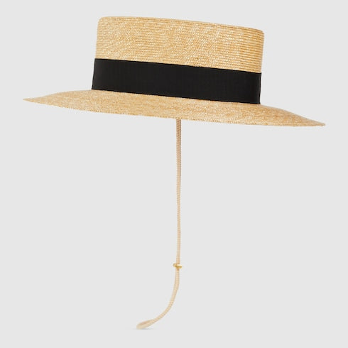 Straw hat with grosgrain detail - beige