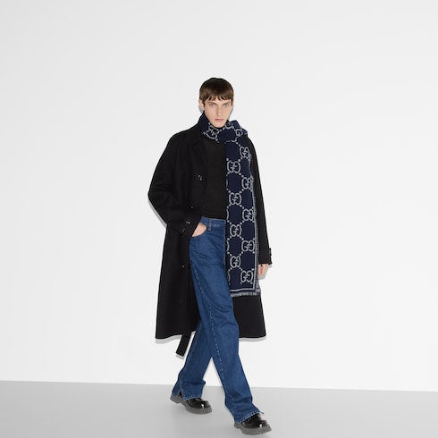 Check GG wool scarf - grey and blue