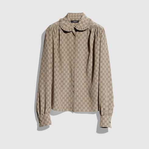 Printed silk crêpe de chine shirt - beige and dark brown