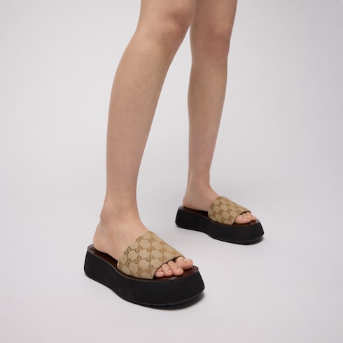Women's flatform slide sandal - sand and brown GG canvas