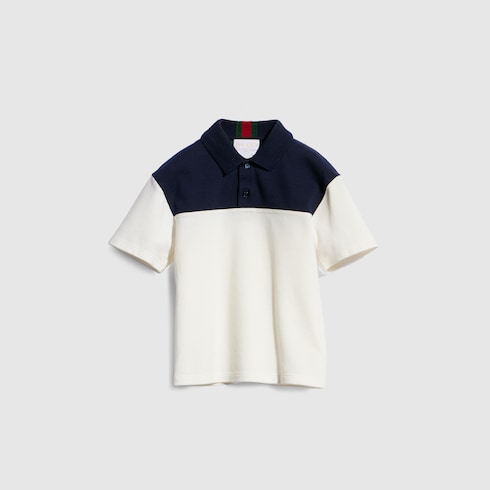 Baby cotton polo shirt with Web - ivory and dark blue