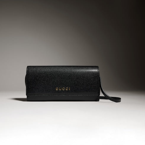 Wallet with strap and Gucci lettering - black leather