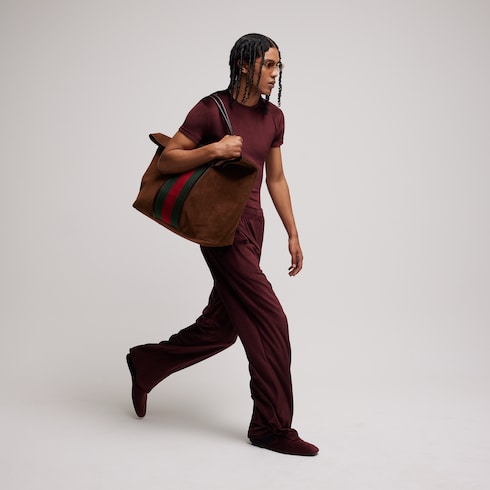 Medium duffle bag with Web - brown suede
