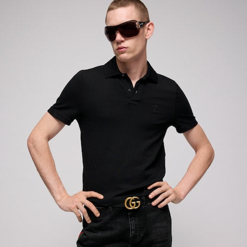 Men's Slim Black Leather Belt With Gold Double G Buckle