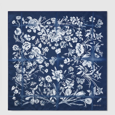 Cotton silk jacquard pocket square - blue and white