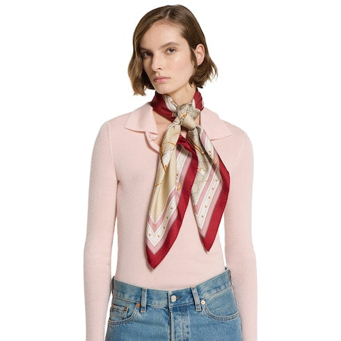 Printed silk twill carré - bordeaux and pink