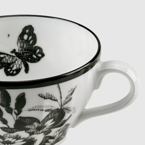 Herbarium teacup and saucer, set of two - black and white porcelain