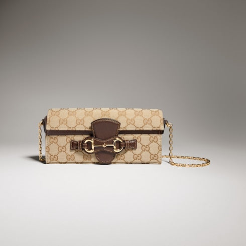 Wallet on chain with Horsebit - sand and brown GG canvas