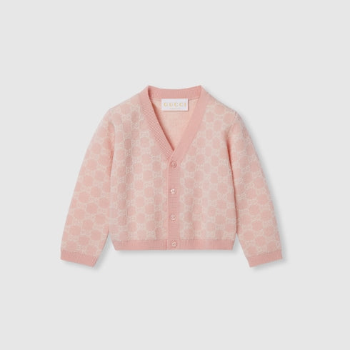 Baby GG wool jacquard cardigan - light pink and white
