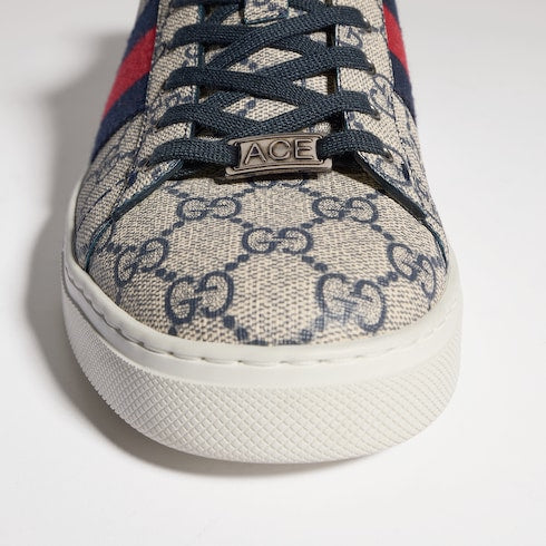 Men's Gucci Ace sneaker with Web - beige and blue GG Supreme