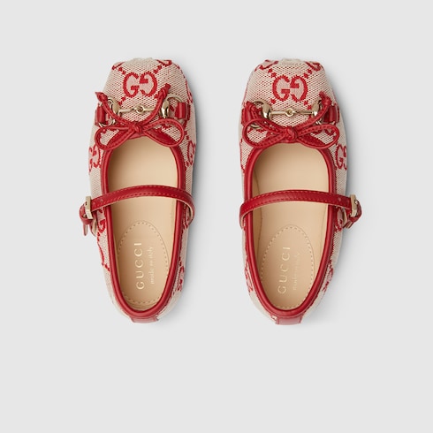 Toddler ballet flat with Horsebit - beige and red GG canvas