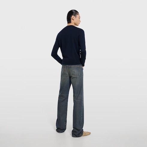 Knit wool sweater with embroidery - dark blue