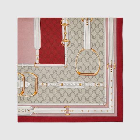 Printed silk twill carré - bordeaux and pink