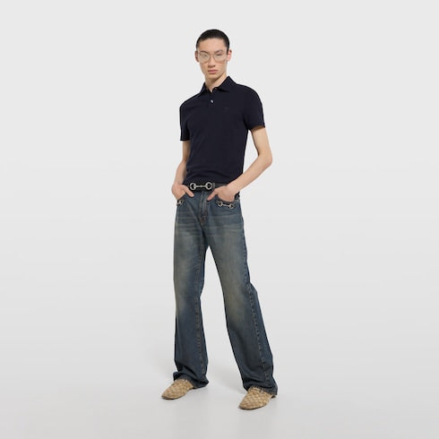 Cotton piquet polo shirt with embroidery - dark blue