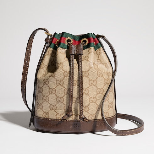 Mini bucket bag with Web - sand and brown GG canvas
