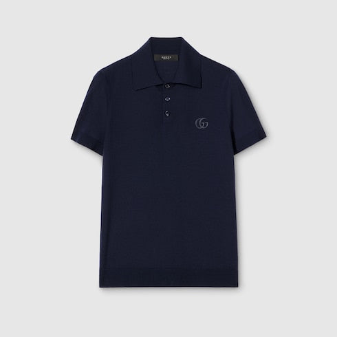 Knit wool polo shirt with embroidery - dark blue