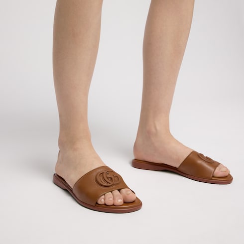 Women's slide sandal with Double G - brown leather