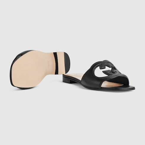Women's slide sandal with Interlocking G - black leather