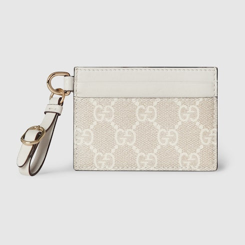 GG Emblem card case with strap - beige and white fabric