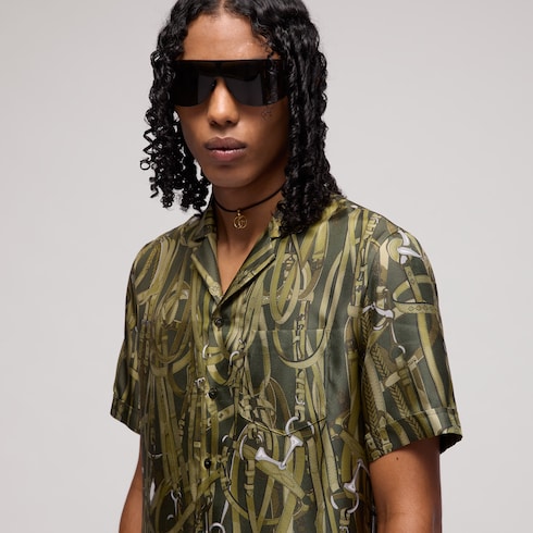 Printed silk bowling shirt - dark green and beige