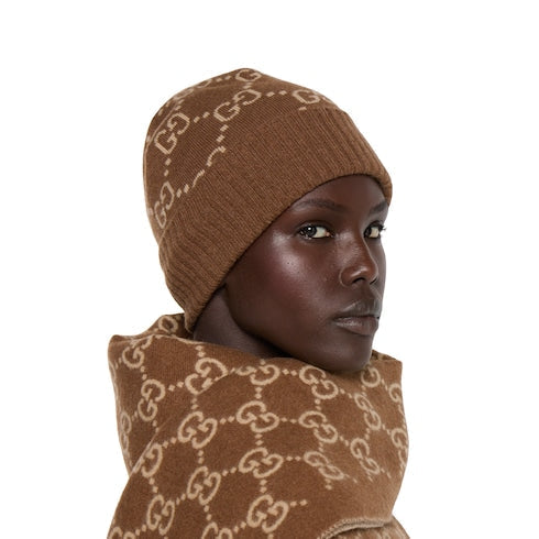 GG cashmere jacquard hat - dark brown and beige