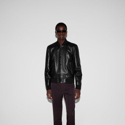 Embossed GG leather bomber jacket - black